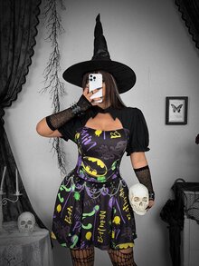 Whyspr BATMAN X SHEIN Plus Size Women's All-Over Print Fashion Party Dress Halloween - Multicolor - View 4