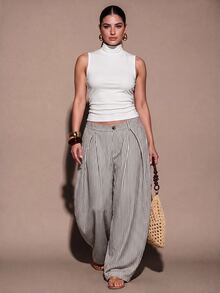 SHEIN BAE CURVE 大尺碼女款休閒波西米亞風度假黑白格紋紋理條紋寬鬆拼接長褲，適合外出、日常、萬聖節 - 深灰色 - 查看 5