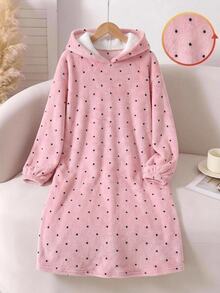 SHEIN Tween Girl 秋/冬款 灰粉色波點印花 珊瑚絨毛 舒適連帽套頭長款睡袍 居家休閒睡衣 - 藕粉色 - 查看 3