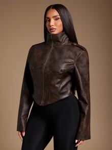 Radiana Plus Size Women's PU Leather Jacket, All-Match Versatile, Daily Casual, Streetwear, Shopping, Gathering, Vacation, Date, Birthday Winter - Coffee Brown - View 7