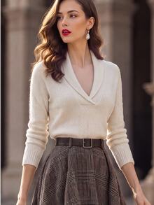 SHEIN Minimalist Casual Cross Collar Long Sleeve Sweater - Apricot - View 1