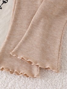 SHEIN 2Pcs Baby Girls Top And Flare Pants Sweet Khaki 3D Bows Ruffle Hem Ribbed Knit Long Sleeve Round Neck Regular Party Spring Princess Ballet New Born - Apricot - View 8