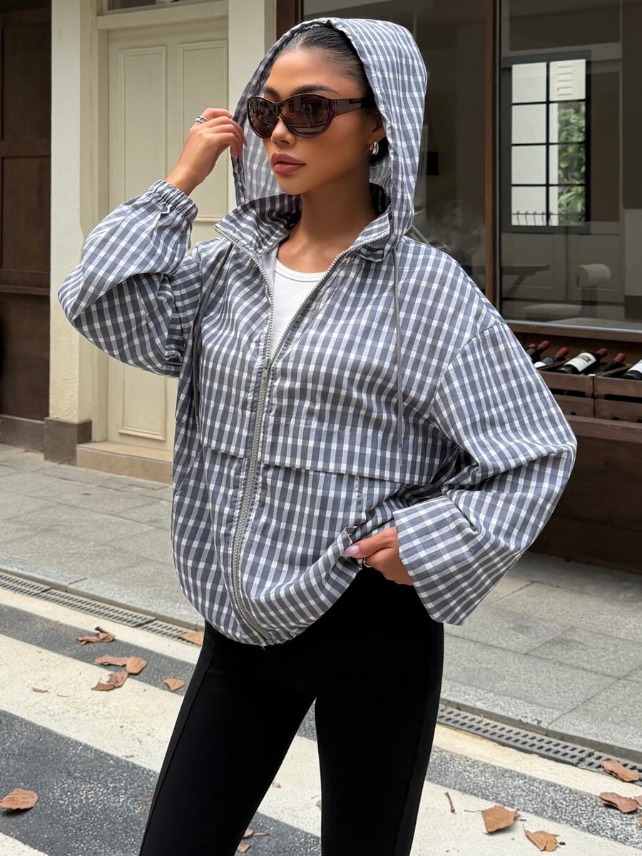 Muchica Women's Plaid Woven Long Sleeve Zip-Up Hooded Jacket - Multicolor - View 1