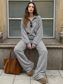 Livesso Women's Minimalist Long Sleeve Top And Pants Loungewear Set - Grey - View 1