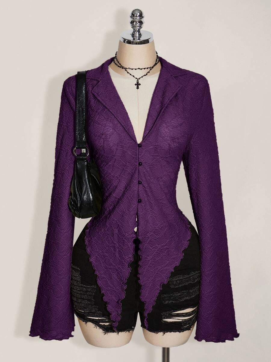 SHEIN ICON ICON PLUS 生菜邊飾不對稱下擺透視上衣 無內衣設計 大尺碼女式襯衫-1891,Y2k/秋季/冬季 - 紫色 - 查看 1