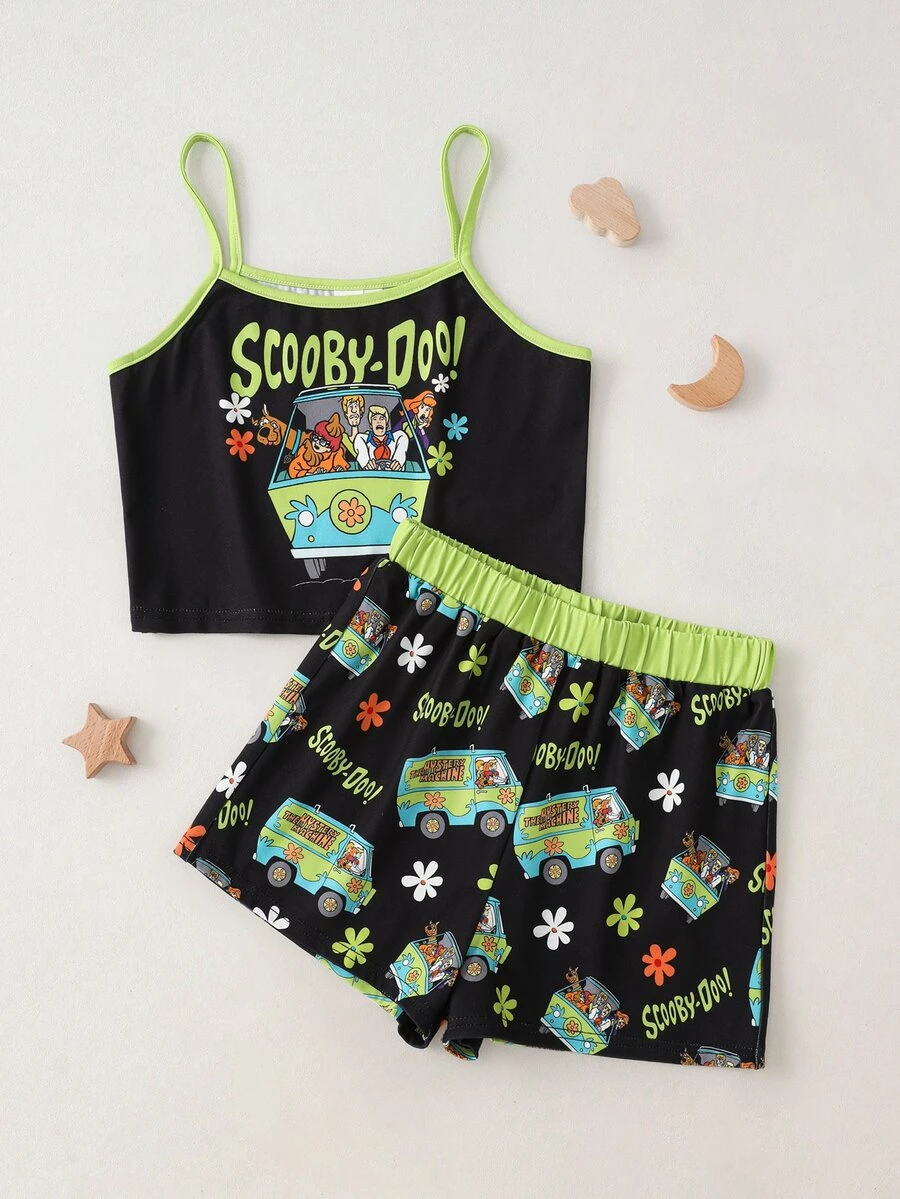 SCOOBY-DOO X SHEIN Tween Girl Letter Print Camisole And Shorts Lounge Set SCOOBY-DOO - Black - View 1