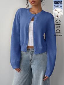 SHEIN BASICS 女款純色單排扣休閒百搭長袖開襟衫，適合日常外出、商務辦公、早午餐，米白色，秋季教師節 - 霧霾藍 - 查看 4