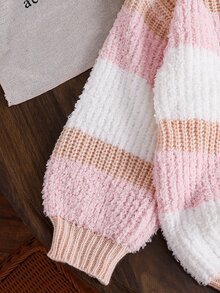 SHEIN Young Girl's And Young Girl Knit Colorful Striped Crew Neck Textured Sweater, Suitable For Casual Daily Wear - Multicolor - View 4
