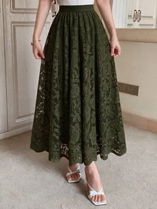 Modelyn 女款春夏綠色編織蕾絲A字優雅浪漫裙 - 軍綠色 - 查看 3