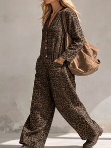 Linhara CURVE 2026 New V-Neck Plus Size Women's Jumpsuit With Pockets Fall - Coffee Brown - View 5