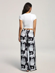 SCOOBY-DOO X SHEIN Women's Sexy Cropped Top And Cartoon Print Long Pants 2 Pieces Set - Black and White - View 2