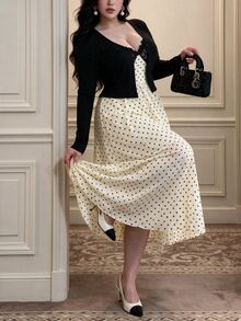 Vibekara Plus Size Elegant Vintage Chiffon Polka Dot Shirt And Long Skirt Set Fall - Apricot - View 1