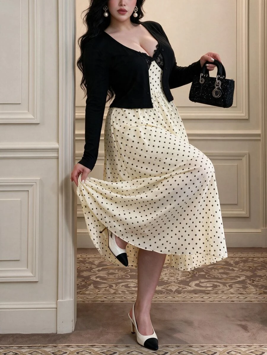 Vibekara Plus Size Elegant Vintage Chiffon Polka Dot Shirt And Long Skirt Set Fall - Apricot - View 1