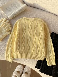 SHEIN Baby Girl V-Neck Knit Pullover Sweater With Twisted Rope Design And Embroidered Pattern, Cute Delicate Stylish Casual Daily Wear Suitable For Outings And School - Yellow - View 2