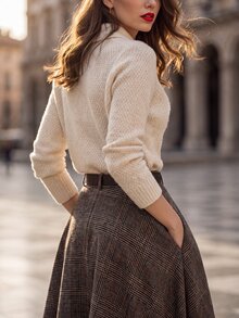 SHEIN Minimalist Casual Cross Collar Long Sleeve Sweater - Apricot - View 2