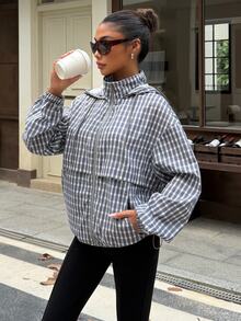 Muchica 女款格紋編織長袖連帽拉鍊外套 - 彩色 - 查看 1