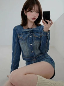FRIFUL Women's Fashion Bow Decor Button Denim Jacket - Blue - View 3