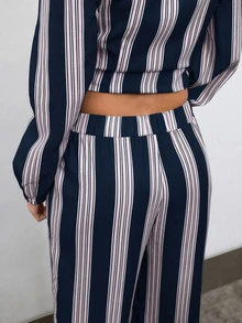 Nöista Women's Button Ruffle Trim Blouse And Striped Colorblock Jogger Pants Set - Navy Blue - View 10