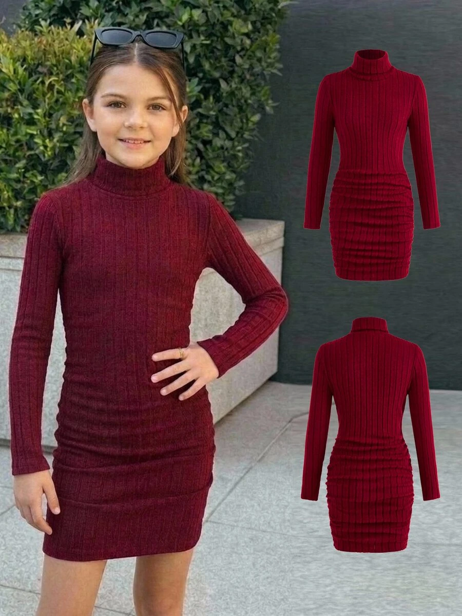 SHEIN Tween Girls Tween Girl Tween Girl Kids Red High Neck Ribbed Snug Fit Dress, Soft Comfortable, Versatile For Holiday Party, Dance, Casual Wear - Red - View 1