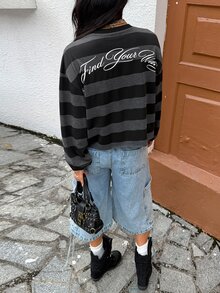Coolane 女款秋冬萬聖節街頭風外出休閒男友風學院風復古基本款黑色灰色條紋寬鬆T恤休閒上衣 - 黑色 - 查看 5