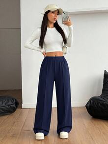 SHEIN PETITE 女款 Y2K 純黑色基本款休閒寬腿褲，素色寬鬆高腰喇叭西裝長褲，秋季冬季穿搭，適合小個子，正式辦公通勤工作褲 - 藏蓝色 - 查看 7