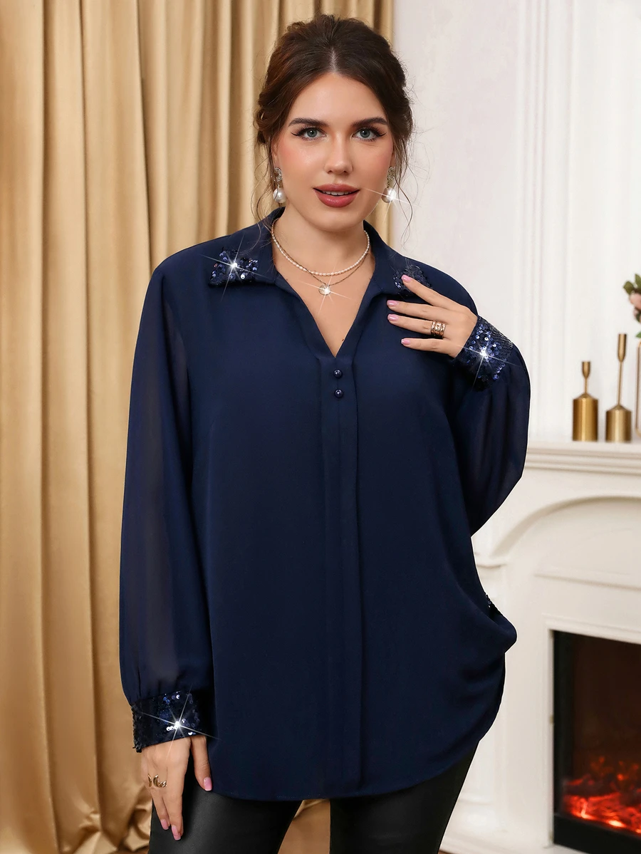 Miaspire Plus Size Women Solid Color Navy Blue Patchwork Sequin Cuff Elegant Blouse Fall Party Office Dinner,Autumn/Winter - Navy Blue - View 1