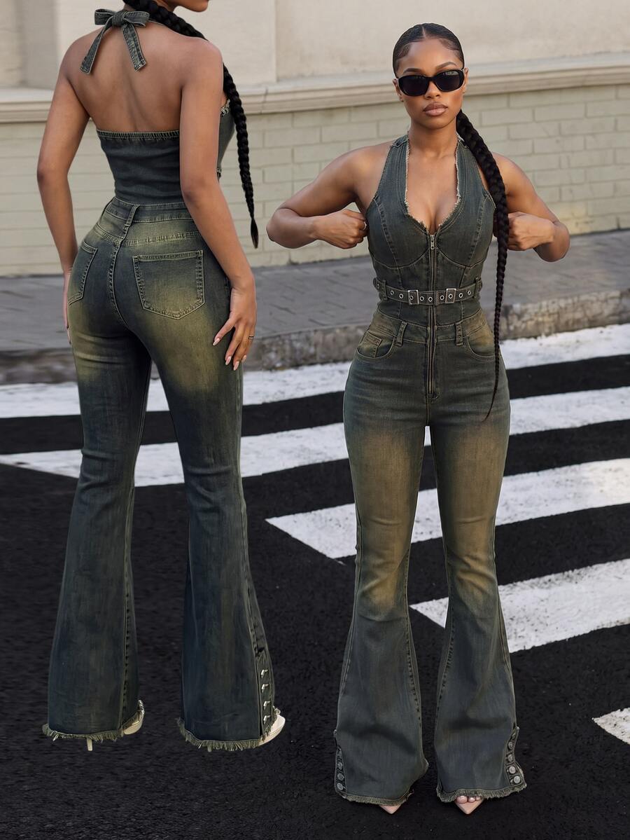 Jeanoix Y2K Women's Sexy Halter Tie-Up Flared Denim Jumpsuit - Dusty Blue - View 1