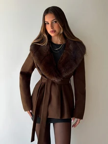 Aloruh Brown Overcoat With Faux Fur Patchwork, Belted Waist, Slimming Autumn/Winter New Style Fall Clothing Autumn Clothes Brown Overcoat Halloween - Mocha Brown - View 1