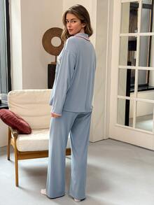 Livesso Women's Colorblock Long Sleeve Top And Pants Casual Daily Home Sleepwear Set - Blue - View 2