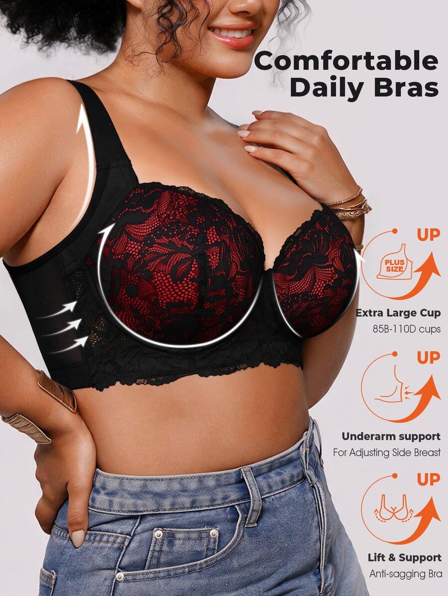 DesireSculpt Sexy Lace Plus Size Comfortable Seamless Push-Up Adjustable Underwire Bra, 1pc - Multicolor - View 1