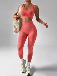 Easithlete Easithlete 女款純色短版上衣與高腰長褲休閒運動風運動套裝，保守運動風日常健身健身房運動裝，鮭魚粉，秋季 - 紅色 - 查看 2