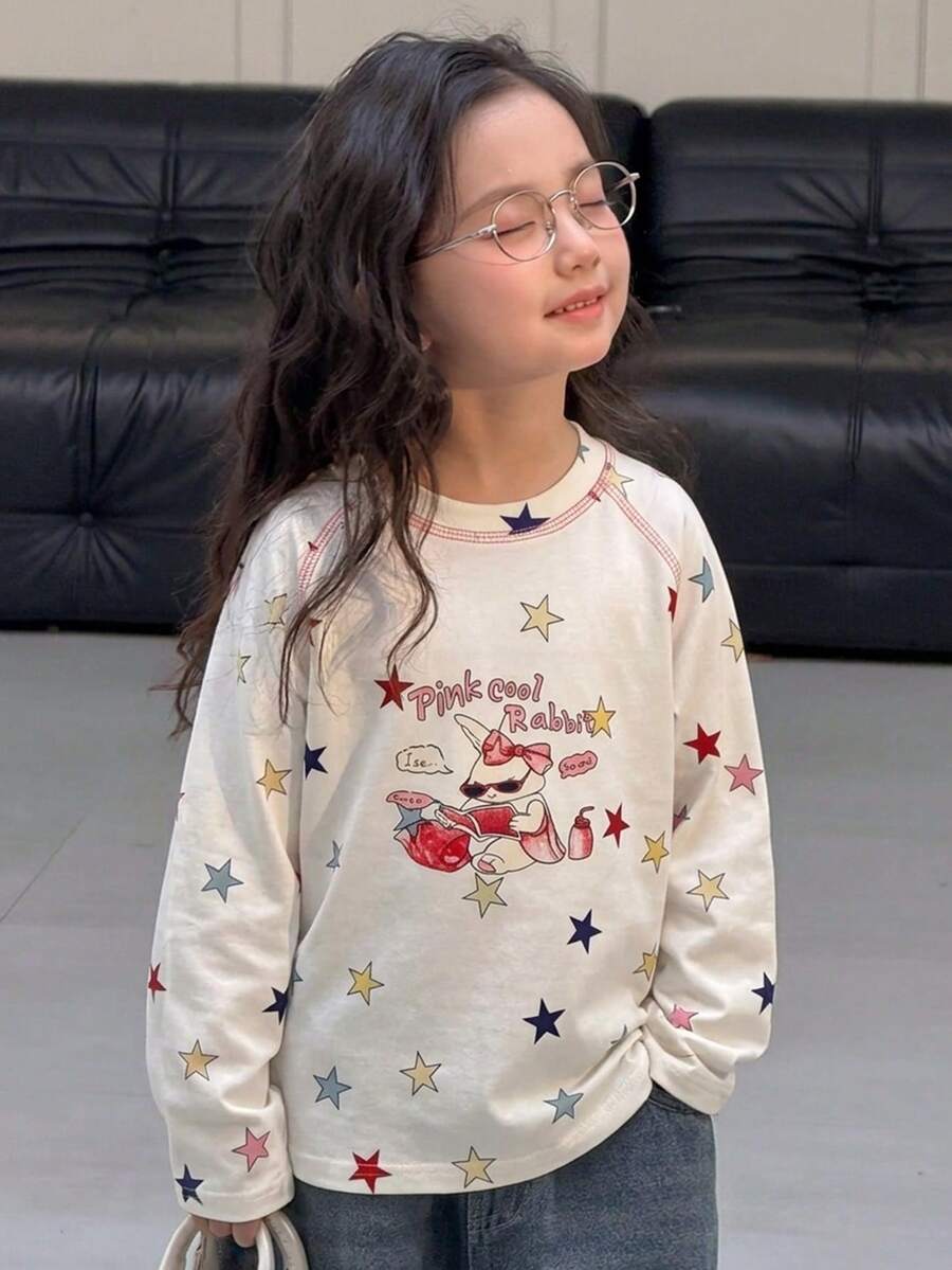 Dazy Kids Young Girl Cute Cartoon Pattern Print Long Sleeve T-Shirt - White - View 1