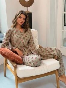 DAZY Women's Floral Print Button-Up Top And Pants Pajama Set - Khaki - View 6