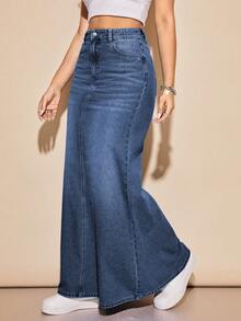 Rivivi Women's Casual Denim Skirt With Pockets And Buttons For Daily Wear - Blue - View 5