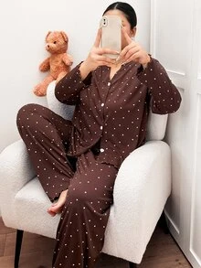 Napfluff CURVE Napfluff CURVE Plus Size Women's Knit Ribbed Fabric Heart Print Casual Minimalist Fashion Open Front V-Neck Long Sleeve Long Pants All-Season Wearable Lounge Set - Brown - View 6