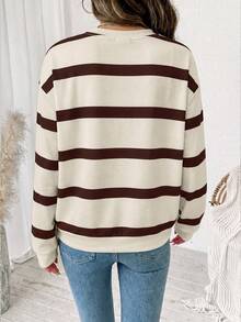 SHEIN LUNE Sweatshirt Lengan Panjang Wanita Bergaris Kasual Serbaguna untuk Pemakaian Sehari-hari - Putih - View 2