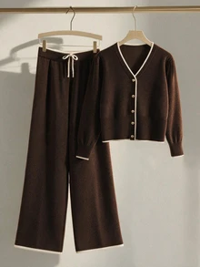 SHEIN Franclia Women Contrast Trim V Neck Knit Cardigan & Drawstring Wide Leg Pants 2 Pieces Outfit - Brown - View 5