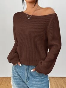 SHEIN PETITE 白色女款長袖套頭毛衣，可披肩穿著，適合秋冬，適合嬌小女性 - 咖啡棕 - 查看 7