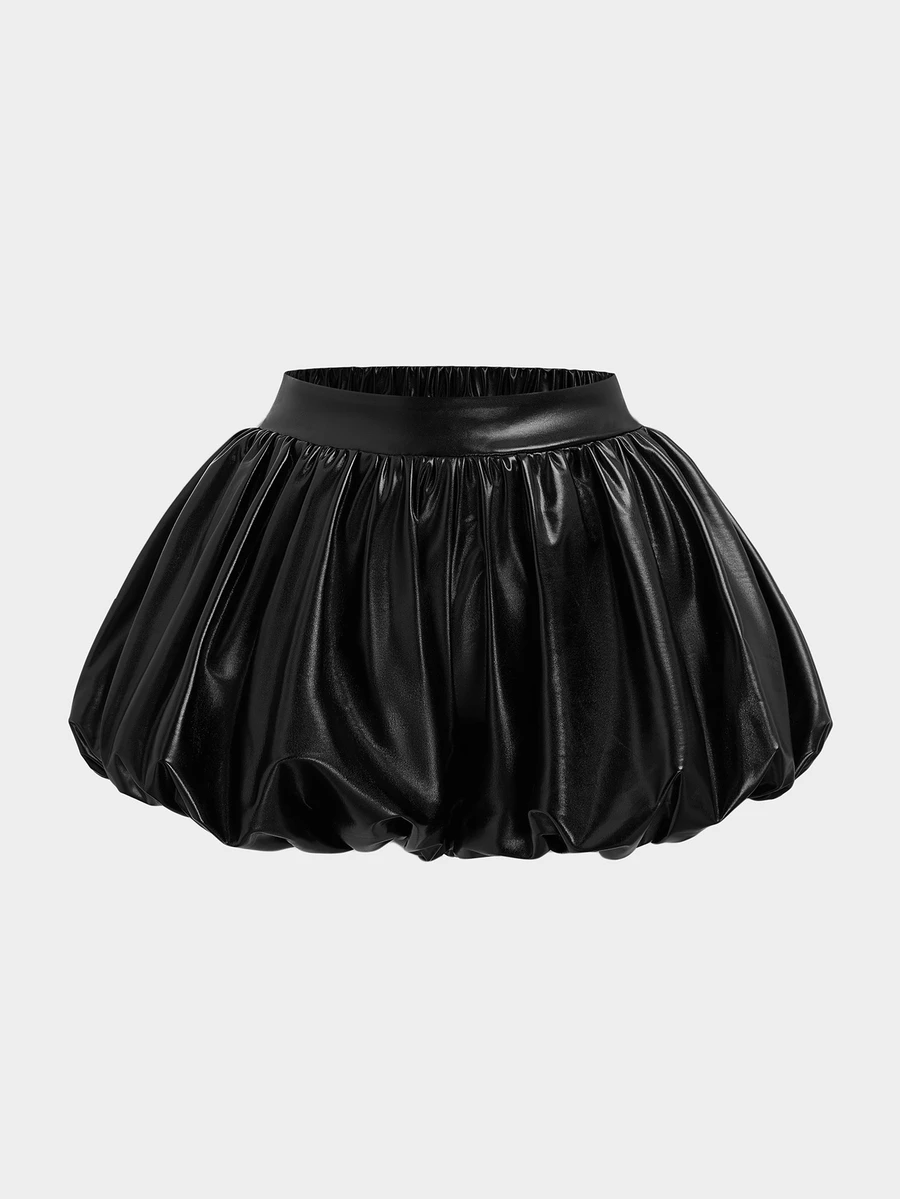 Sweetra Plus Size Women Solid Color Ruched Fashion Versatile Tulip Shorts - Black - View 1