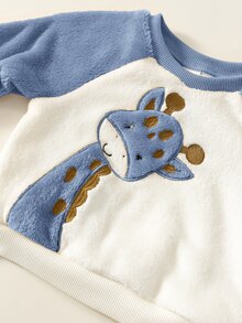 SHEIN 中性嬰兒男/女童、幼兒 2件組秋冬加厚抓絨休閒可愛長頸鹿運動衫套裝，嬰兒運動服，嬰兒冬季衣物，萬聖節 - 藍色 - 查看 3