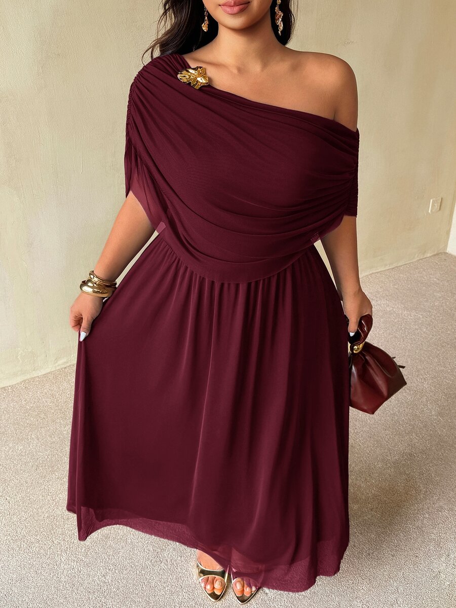 Auralis New Summer Brown Off Shoulder Ruffle Neck Metal Buckle Decor Plus Size Cinched Waist Flared Mesh Double Layer Dress Elegant Commute Evening Formal - Red Violet - View 1