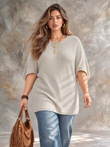 Ceyna Plus Size Women Solid Color Round Neck Batwing Short Sleeve Casual Knit Top - Apricot - View 4