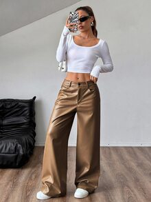 Flirla 女款時尚PU皮革休閒直筒長褲，附口袋，秋季布料 - 卡其色 - 查看 4