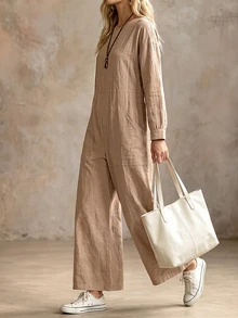 Breezaya Women's Autumn Solid Color Round Neck Long Sleeve Pocket Design Casual Wide Leg Jumpsuit - Khaki - View 4