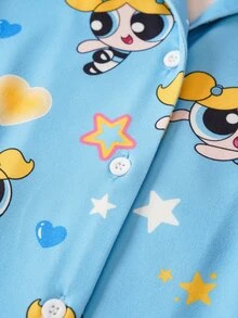 THE POWERPUFF GIRLS X SHEIN THE POWERPUFF GIRLS 青少女短袖上衣與短褲居家服套裝 - 藍色 - 查看 4