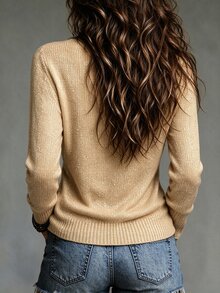 LUMIGAL Sweater Lengan Panjang Kasual Wanita Warna Polos Kerah V untuk Sehari-hari - Emas - View 2