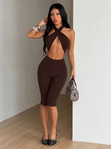 SHEIN ICON 女款純色掛脖綁帶性感休閒連身短褲 - 棕色 - 查看 5