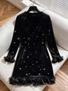 GlowEve CURVE Plus Size Rhinestone Collar Shiny Velvet Mini Dress, Long Sleeve Ruffle Hem Evening Party Black Gown - Black - View 2