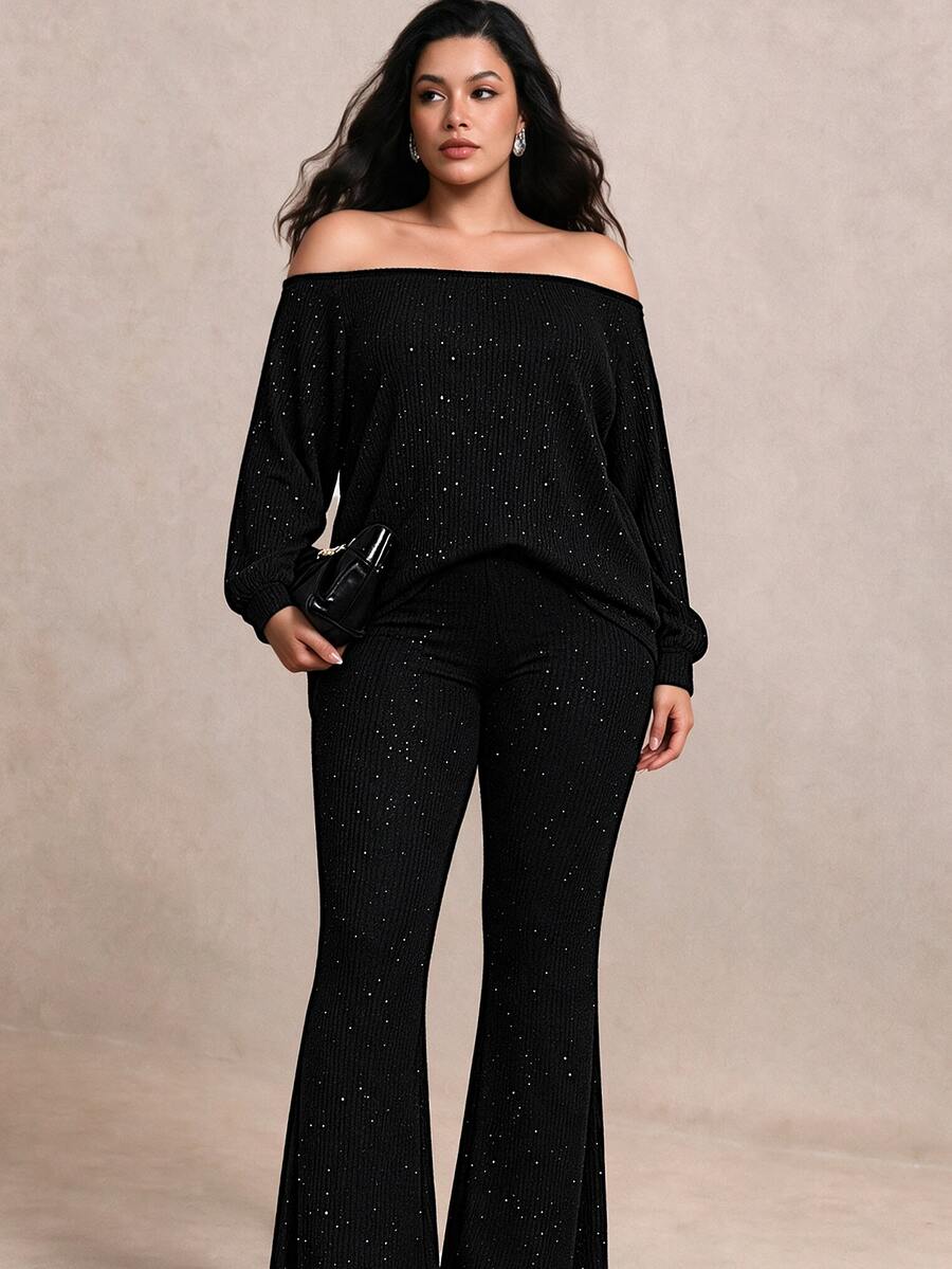 Velvienne Versatile Premium Sequin Knit 2 Pieces Set Plus Size - Black - View 1