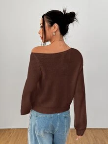 SHEIN PETITE 白色女款長袖套頭毛衣，可披肩穿著，適合秋冬，適合嬌小女性 - 咖啡棕 - 查看 2